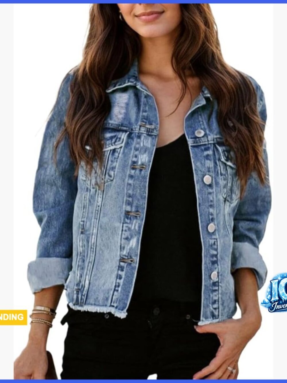 Distressed Frayed Ripped Denim Jacket with Button Closure Pockets
